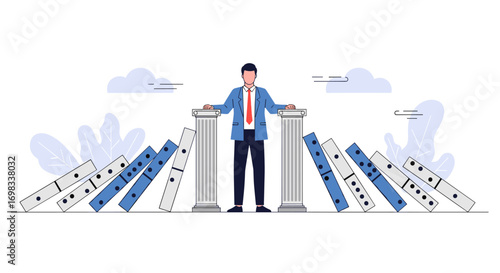 Businessman confidently stopping cascading dominoes between two ancient pillars representing stability and control