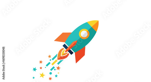 Vibrant cartoon rocket launching with colorful flame trail and stars.