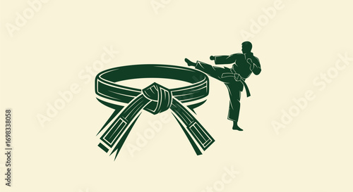 Martial Arts Green Belt with Kicking Fighter Silhouette Icon.