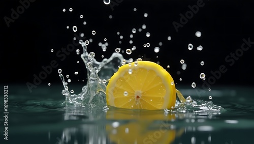 Yellow lemon splashing into water with dark background