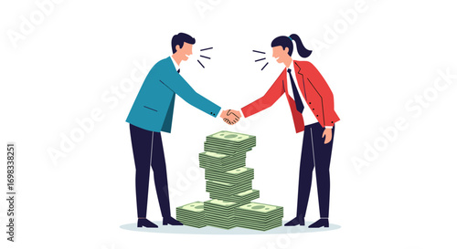 Business partners shaking hands over a large pile of cash symbolizing financial agreement and deal success in a modern corporate setting illustration