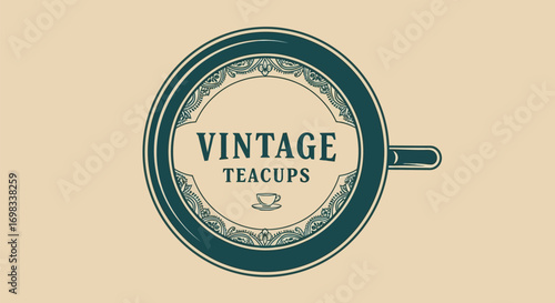 Vintage teacups logo emblem with ornate circular design.
