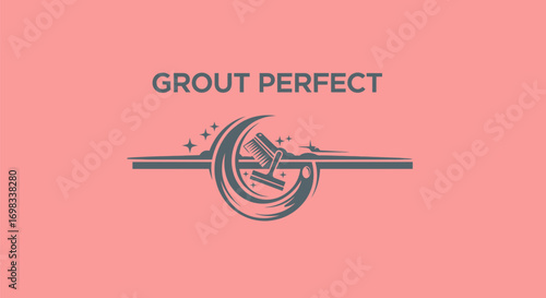 Grout Perfect logo design with cleaning tool and sparkles.
