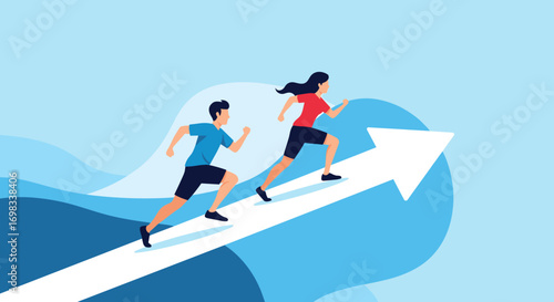 Two people running on an upward arrow symbol representing progress and achievement