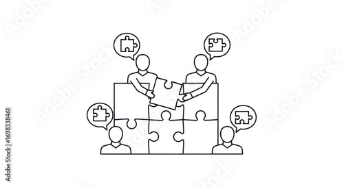 Collaborative Team Solving Puzzle Pieces Line Art Illustration.