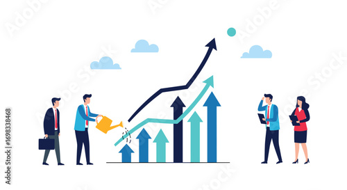 Illustration of business growth and financial success with team collaboration driving progress