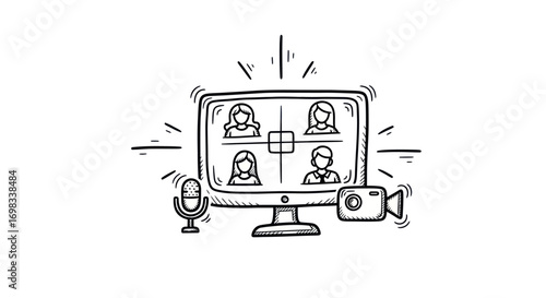 Hand-drawn illustration of a video conference call on a computer screen with participants.
