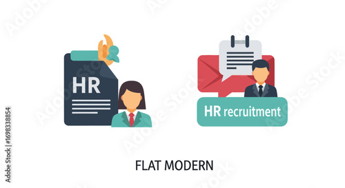 Flat Modern HR Icons: Recruitment and HR Document.