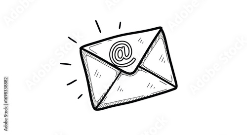 Hand-drawn Sketch of Email Envelope with At Symbol.