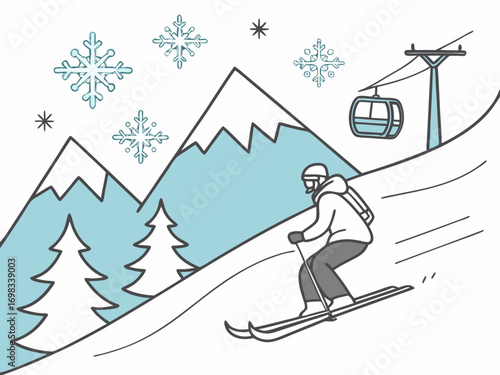 A skier going downhill on snowy mountains, mountain peaks and ski resort elements, ski lift, pine trees, snowflakes, copy space, vector, svg