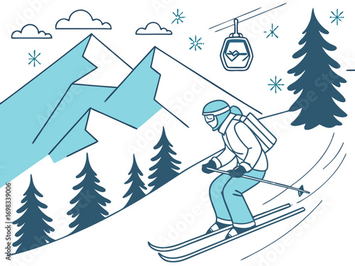 A skier going downhill on snowy mountains, mountain peaks and ski resort elements, ski lift, pine trees, snowflakes, copy space, vector, svg