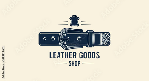Vintage leather goods shop logo with detailed belt and buckle illustration.