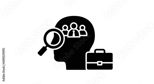 Recruitment and talent search icon showing head people magnifying glass and briefcase.