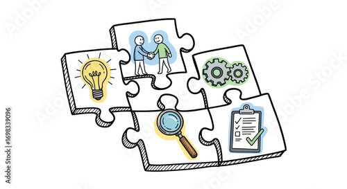 Collaborative Business Strategy Puzzle Pieces with Icons.