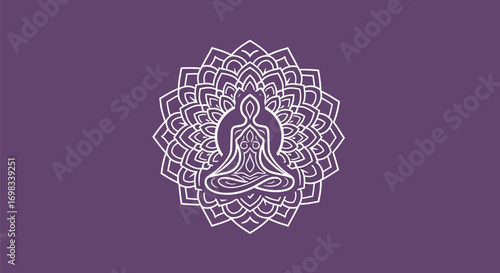 Spiritual symbol of a person meditating in a lotus pose within an intricate mandala.