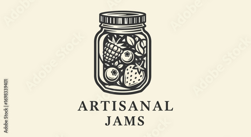 Artisanal Jams logo with a vintage hand drawn fruit jar.
