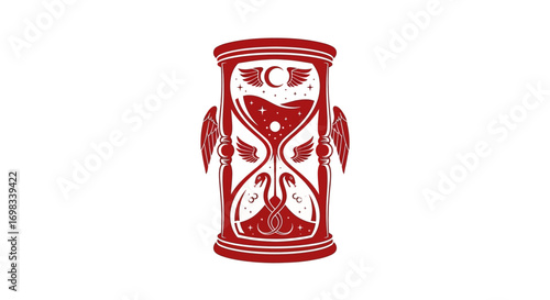 Ornate red winged hourglass with celestial symbols.