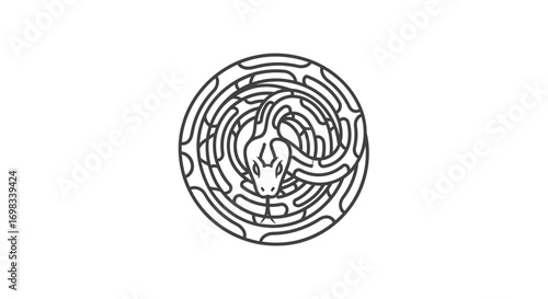 Minimalist line art of a snake inside a circular maze.