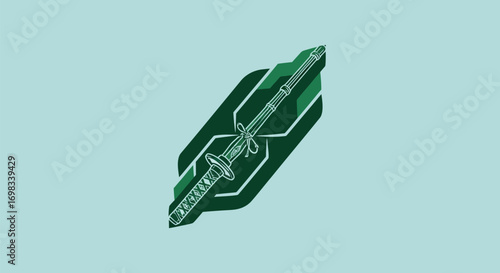 Stylized futuristic green sword in a high tech scabbard.