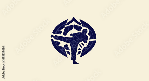 Stylized blue martial arts logo with a kicking fighter silhouette.