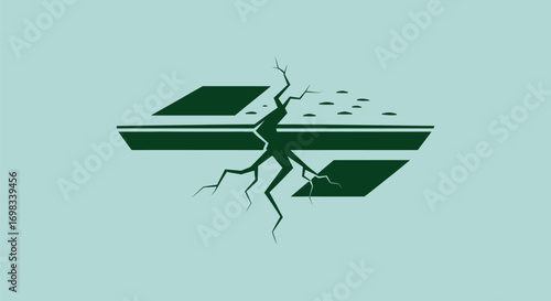 Minimalist green silhouette of a cracked shipwreck.