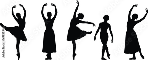 Ballet, dancer, silhouettes, dance, poses, classical, performance, art, graceful, movement, black, outline, vector, illustration, isolated, design