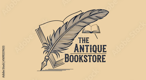 Vintage logo design for an antique bookstore with a quill pen.