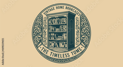 Vintage home bookcases logo in an ornate circular frame.