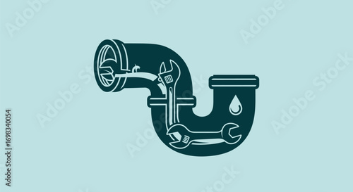 Plumbing pipe repair icon with wrenches and water drop.