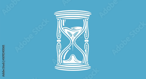 Ornate vintage hourglass with flowing sand illustration.