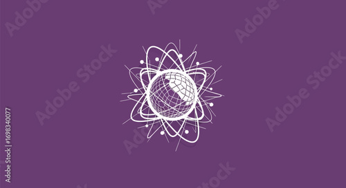 Abstract glowing atomic model with a central wireframe globe.