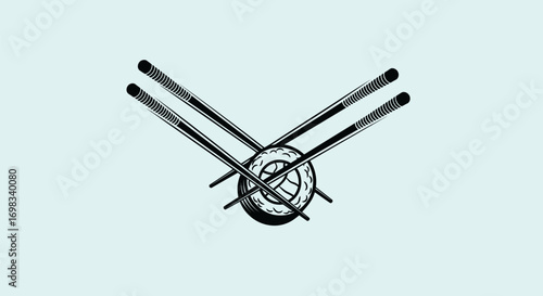 Hand drawn illustration of a sushi roll with two pairs of chopsticks.