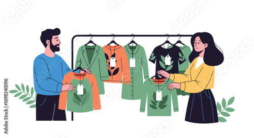Two people examining eco-friendly clothing options on a rack