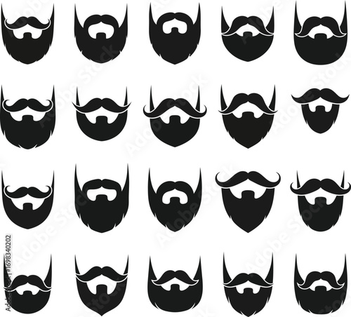 Large collection of men’s beard and mustache silhouettes in black vector style.
