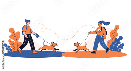People walking their dogs outdoors enjoying nature and sunshine together