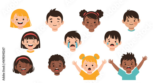 Illustrations showcasing diverse children expressing a wide range of human emotions through facial expressions