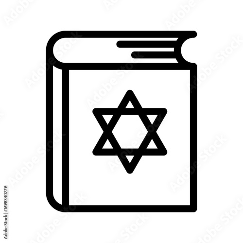 Minimalist black line icon of a sacred Jewish book with the Star of David on the cover, symbolizing faith, scripture, and religious tradition