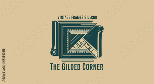 Vintage logo design for The Gilded Corner frames and decor shop.