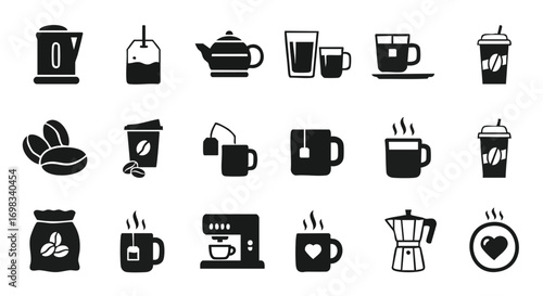 Modern icons of black coffee and tea for cafe menu design and branding, beverages for breakfast time