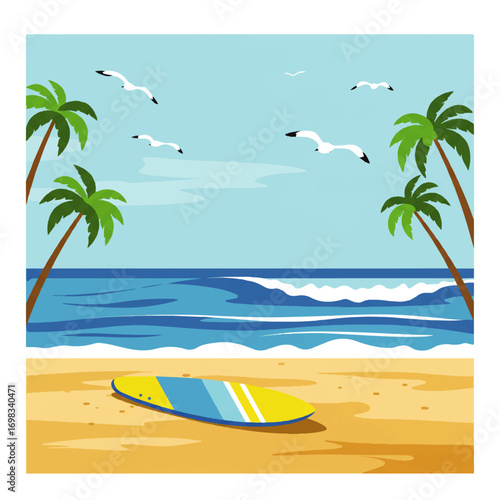 A vibrant illustration of a tropical beach scene with a surfboard, palm trees, ocean waves, and seagulls under a clear blue sky.