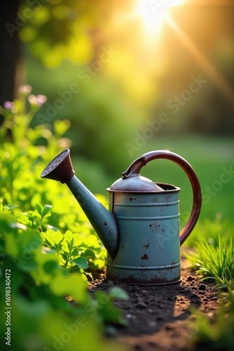 A rustic watering can sits in the vibrant summer sun, surrounded by lush green foliage Perfect for gardening, home, and summer themes The warm light creates a tranquil scene , hydration, season