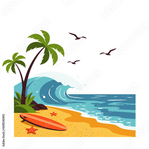 A vibrant illustration of a tropical beach scene with palm trees, a surfboard, starfish, and waves crashing on the shore, with birds flying overhead.