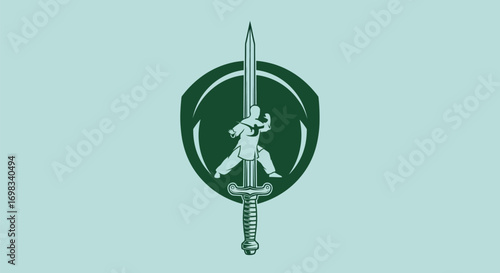 Fencing sport emblem with a fencer and a foil sword.