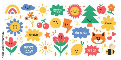 Cute kid elements collection. Funny and childish cartoon with positive words hand drawn style.