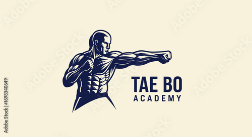 Dynamic Tae Bo Academy Logo with Muscular Boxer in Punching Stance.