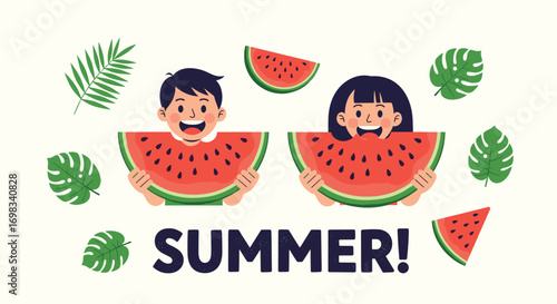Happy children enjoying delicious refreshing watermelon slices during summer vacation