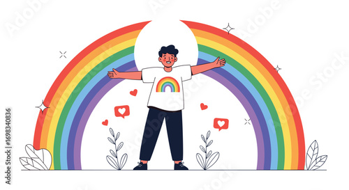Joyful person standing with open arms embracing a vibrant rainbow and showering with hearts