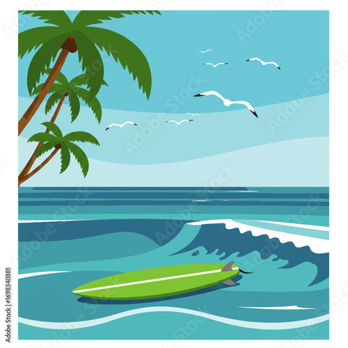 A vibrant illustration of a green surfboard floating on ocean waves, with palm trees and seagulls against a blue sky.