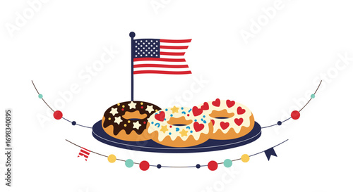 Delicious american flag themed patriotic donuts decorated with sprinkles and frosting