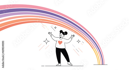 Joyful person underneath a colorful rainbow celebrating life's beautiful moments